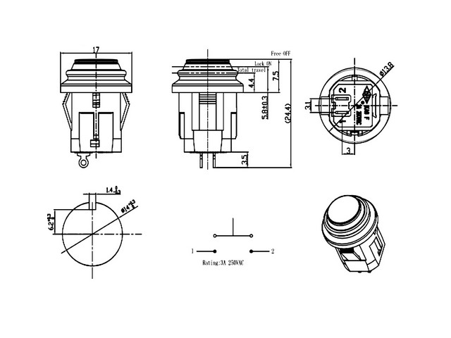 SB570-G кнопка (влагозащита IP65) off-(on) ф14mm (3A, 250V)